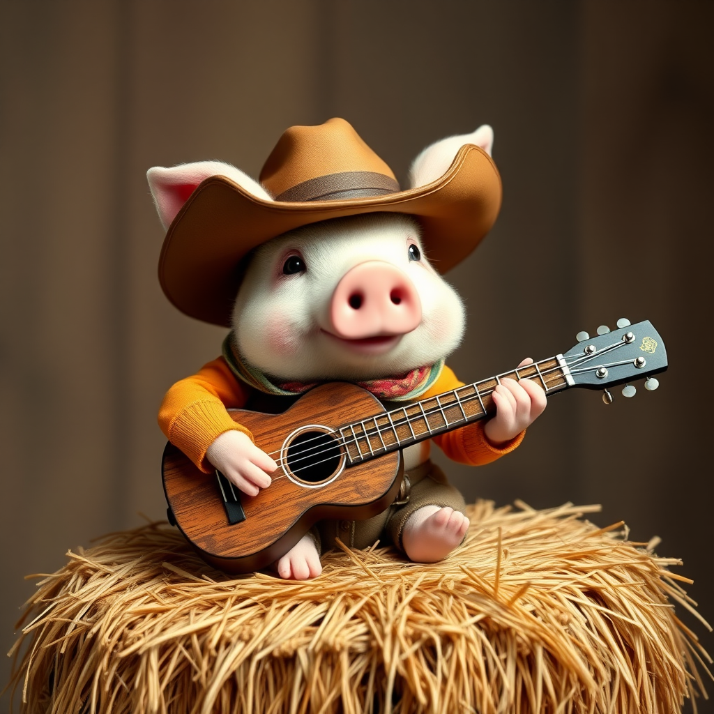 A chibi pig, dressed as a cowboy, playing guitar, sitting on a hay bale