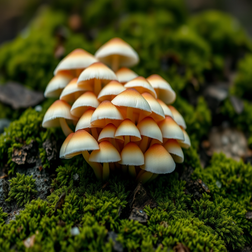 close-up of a cluster of light-colored mushrooms on a mossy tree trunk, natural lighting, f/4 aperture, ISO 200, 50mm lens, macro photography, DSLR camera
