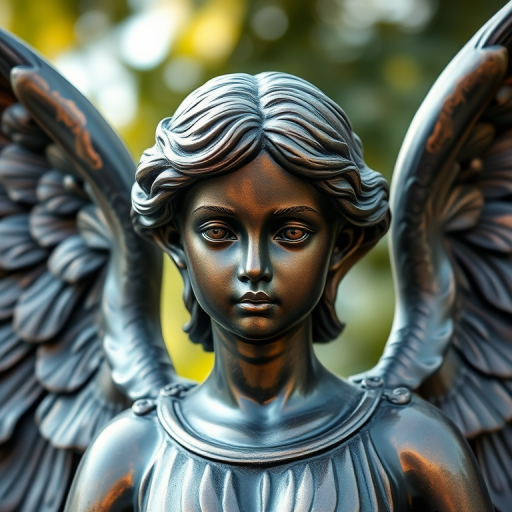 regenerate a high-resolution image of a bronze angel statue with detailed wings and serene expression, using a DSLR camera at f/2.8 aperture, ISO 100, 50mm lens, with portrait mode and natural lighting to enhance texture and clarity.