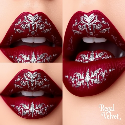 Matte burgundy lips with intricate silver filigree designs, named "Regal Velvet," exude sophistication and elegance, ideal for formal events and red carpet appearances