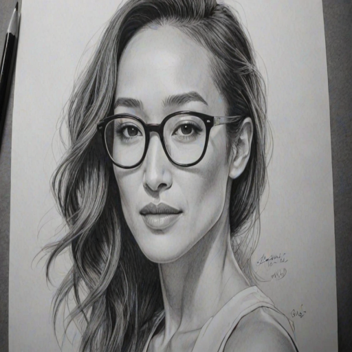 Fascinating Maggie Q, pencil sketch, portrait of Enchanting woman 1926s in glasses, hair style beatnik, outline, clear lines, fine lines, 8k