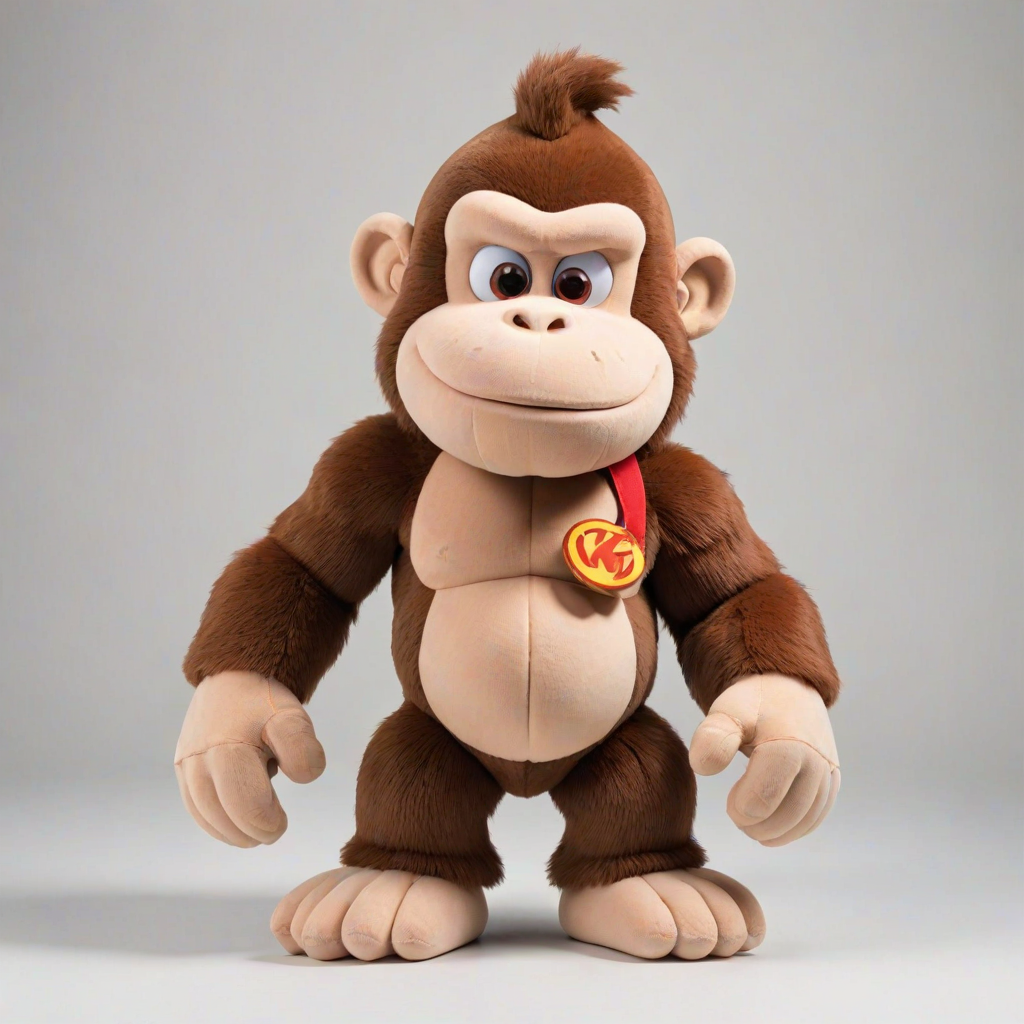 Donkey Kong children's version of an adorable and cute cotton plush with a full body on a white background. A good front pose is visible with extreme quality and every detail. The image features good lighting, a well-chosen color palette, and a 3D appearance.