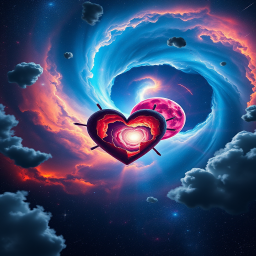 Create an epic cosmic scene featuring a shattered heart in the center of a vibrant, swirling nebula with shooting stars and dramatic clouds, captured with a DSLR camera at 24mm, f/2.8, ISO 100, using a wide-angle perspective and high dynamic range for enhanced detail and vivid colors.