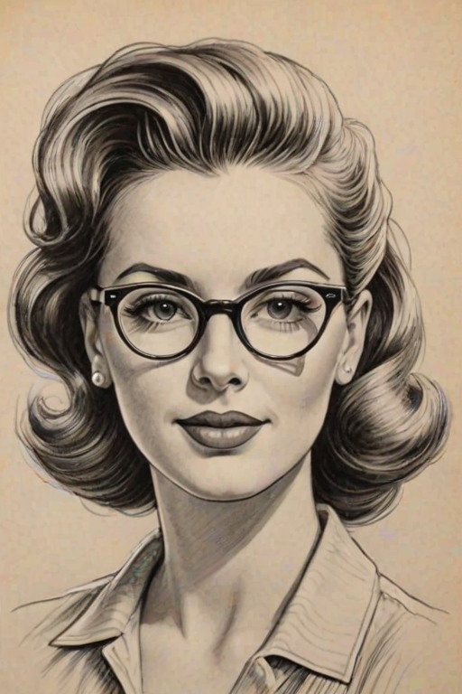 Fetching Monica, pencil sketch, portrait of Enticing woman 1940s in glasses, hair style beatnik, outline, clear lines, fine lines, 8k