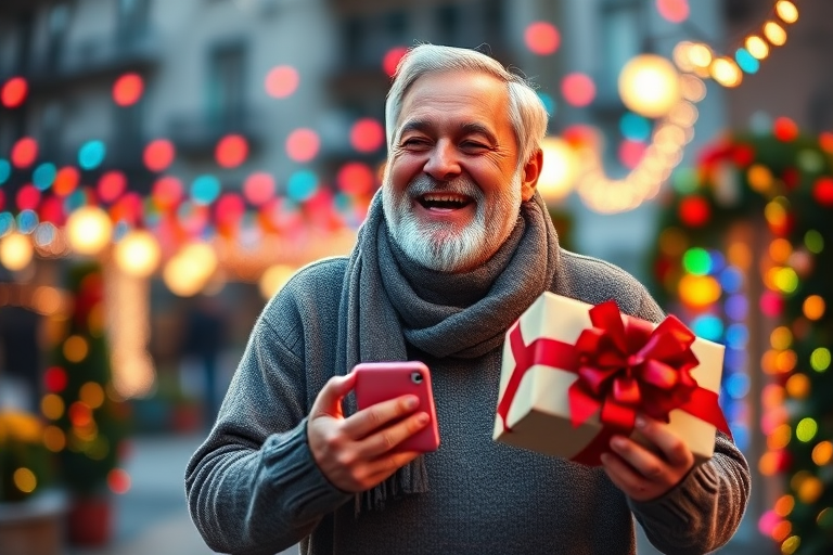 Generate an image of a joyful older man with gray hair and a beard, standing outdoors during a festive evening. He is laughing and holding a wrapped gift with a red bow in one hand and a smartphone in the other. The background is decorated with colorful holiday lights, creating a warm and cheerful atmosphere. The man is wearing a cozy sweater and a scarf.