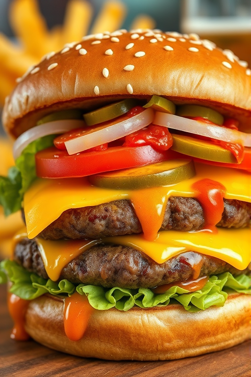 High-resolution, close-up image of a gourmet double cheeseburger. The burger features a glossy, sesame-seed-topped brioche bun. Inside, there are two thick, juicy beef patties, each topped with melted cheddar cheese. The burger is garnished with fresh lettuce, tomato slices, diced onions, and pickles. A generous amount of ketchup and a creamy, orange-colored sauce is dripping down the sides, adding to the mouth-watering appeal. In the background, there are blurred elements including a side of golden French fries and a hint of a beverage, enhancing the overall presentation of a delicious meal.
