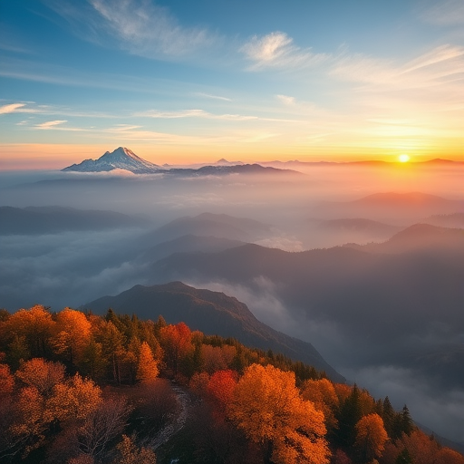 Capture a stunning aerial view of a misty mountain landscape at sunrise, featuring snow-capped peaks and vibrant autumn foliage, with a Canon EOS R5, 24mm lens, f/8 aperture, ISO 100, 1/125 sec exposure, ensuring enhanced clarity and depth.