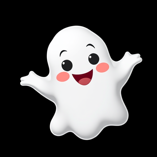 create a cute cartoon ghost character with big smile and rosy cheeks on a solid black background, shot with a DSLR at f/2.8, ISO 100, 50mm lens, top-down view, vibrant colors with high contrast for enhanced quality