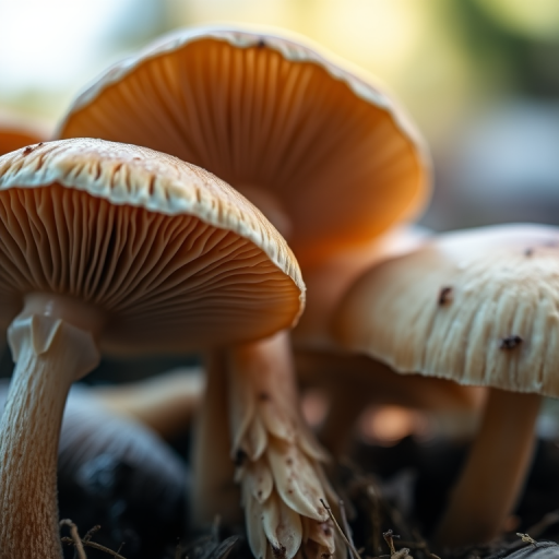 Capture a close-up of mushrooms with soft, natural lighting, fstop 2.8, shutter speed 1/125s, ISO 100, macro lens, shallow depth of field, focus on intricate gills and textures, DSLR camera.