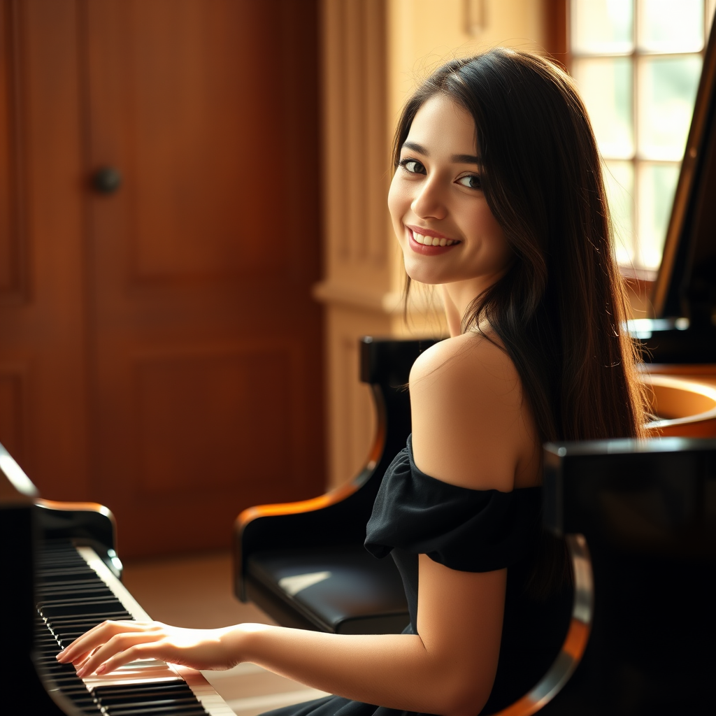 A young woman with long, dark hair smiles at the viewer as she sits at a grand piano, her right hand poised over the keys. The scene is lit by warm, natural light, highlighting the elegant simplicity of the woman's black dress. The perspective is from the side, emphasizing the contrast between the woman's delicate form and the grand scale of the piano. The ivory keys and dark wood of the piano create a striking visual contrast, further emphasized by the rich black of her dress.