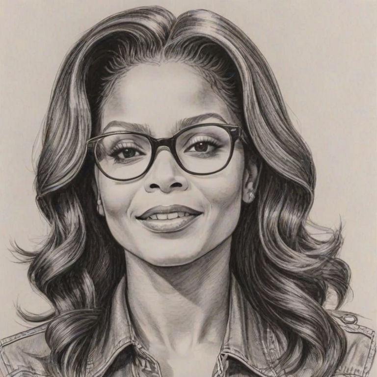 Radiant Janet Jackson, pencil sketch, portrait of Appealing woman 1945s in glasses, hair style beatnik, outline, clear lines, fine lines, 8k