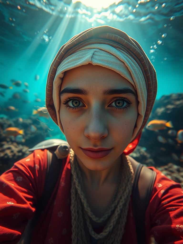 Realistic selfie image of a Coptic, wearing a vintage outfit, detailed dreamy eyes, droopy hooded eyes, staring at the camera, taken underwater at coral reef with a sunbeam filtering through the water, vibrant, summer vacation, natural lighting, turtle and school of tropical fish with vibrant colors, rendered in the style of CryEngine, Pegi Nicol MacLeod, with realistic genre scenes, hauntingly beautiful narratives, ultra-realism, and Thomas Saliot's close-up technique, 8K resolution, crystal clear and sparkling water.