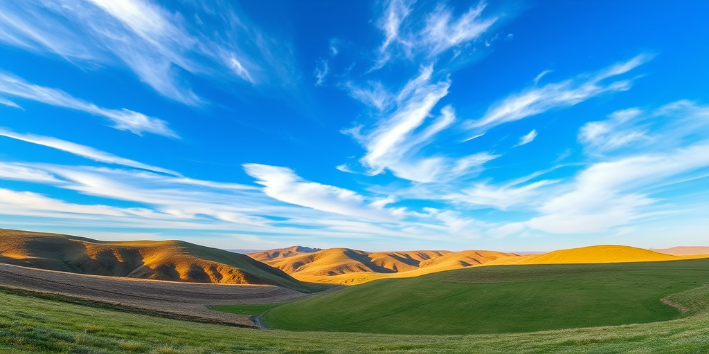 Generate a high-resolution image of a serene landscape featuring rolling hills under a clear blue sky with wispy clouds, shot with a Canon EOS 5D Mark IV at f/8, ISO 100, 1/250s, using a wide-angle lens from a low perspective to capture depth and vibrant colors.
