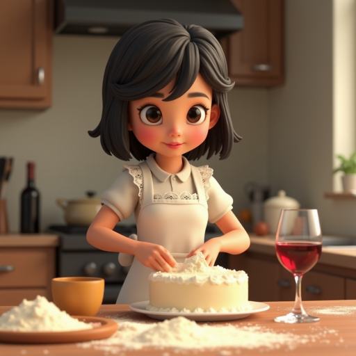 A Pixar-style CGI girl with black hair and black eyes wearing a white apron with lace stands in a kitchen and kneads cake batter. a text "ipic ai" at the table. There is flour dust in the air, a glass of wine on the table and the cake ingredients are scattered around. 3D