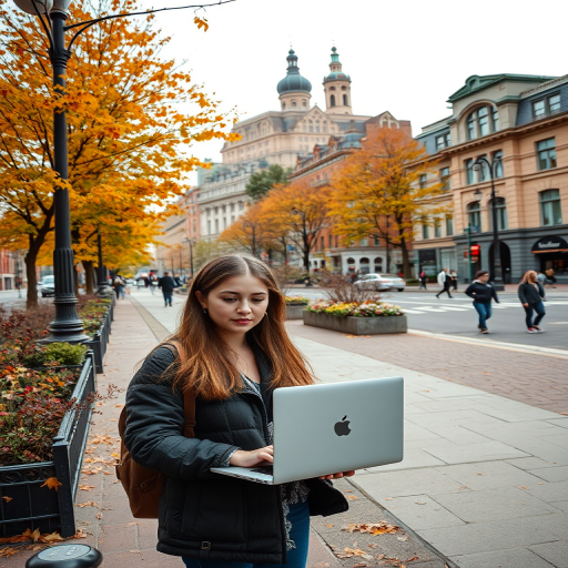 An urban scene featuring a young woman outdoors with a laptop, surrounded by autumn foliage and a picturesque backdrop of historical buildings, captured from a low angle at f/4 aperture, ISO 100, 24mm lens, and using a digital camera for enhanced color vibrancy and detail.