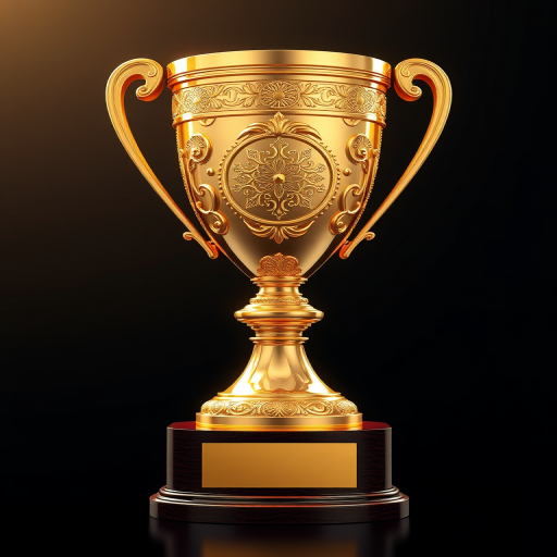 Create a highly detailed digital illustration of a shiny gold trophy with intricate designs on a dark wooden base, with soft studio lighting and a shallow depth of field, captured with a DSLR camera at f/2.8, ISO 100, and a 50mm lens to enhance the image quality and focus on the trophy.