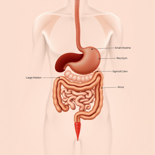 Create a detailed anatomical illustration of the human digestive system focusing on the stomach, small intestine, large intestine (colon), rectum, sigmoid colon, and anus, using a high-resolution digital illustration style with a soft gradient background, captured from a top-down view with a Canon EOS 5D Mark IV, aperture set to f/8, ISO 100, and a shutter speed of 1/125s to ensure clarity and detail.