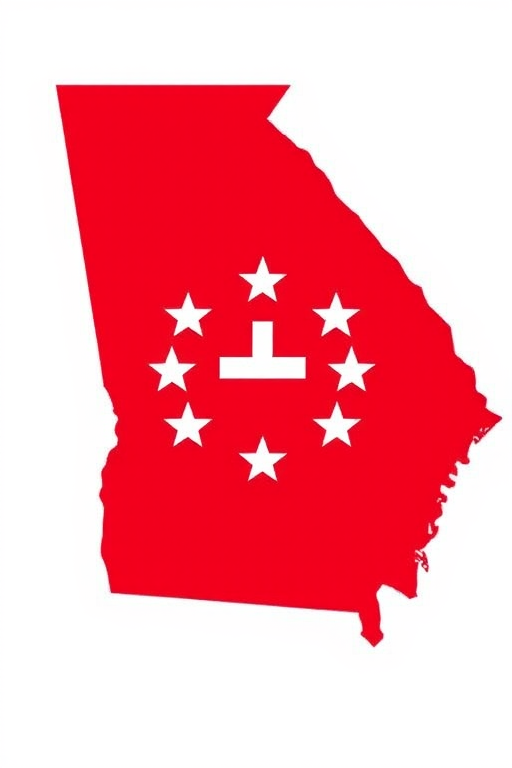Create a high-resolution illustration of the Georgia flag overlaid on an outline map of Georgia with a white background, using a DSLR camera, ISO 100, f/8 aperture, 50mm lens, and a top-down view to enhance clarity and detail.
