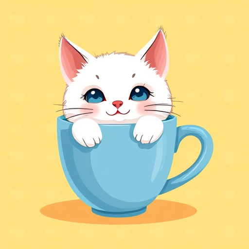 Create a playful illustration of a cute white cat peeking out of a blue coffee cup on a bright yellow background with a heart pattern, camera settings: ISO 100, f/4, shutter speed 1/100s, camera view: close-up, camera style: vector art, camera type: digital illustration.