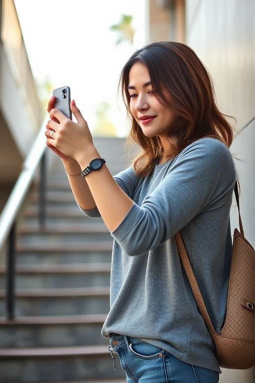 Capture a woman in casual gray clothing taking a photo with her smartphone while standing on a staircase, soft afternoon sunlight, shallow depth of field, 50mm lens, ISO 100, f/2.8, portrait view, DSLR camera.