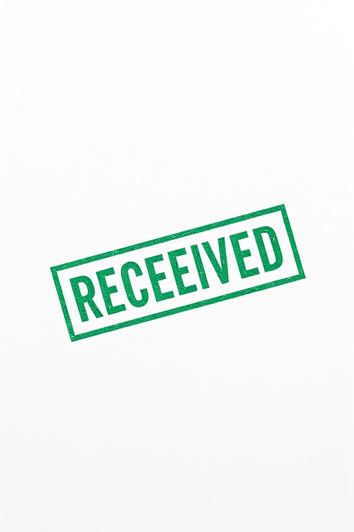 Create an image of a green "RECEIVED" stamp on a white background, captured with a DSLR camera at f/2.8 aperture, 50mm lens, ISO 100, in natural light from a top-down view using a macro photography style.