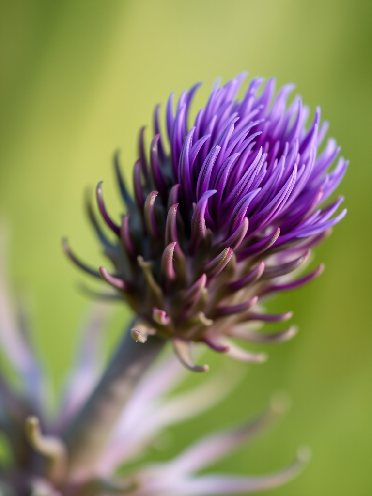 Close-up shot of a purple thistle flower with a blurred green background, aperture set at f/2.8, shutter speed 1/200s, ISO 100, macro lens, DSLR camera, natural lighting.