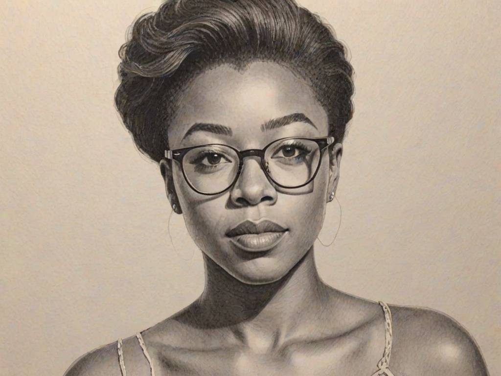 Bewitching Samira Wiley, pencil sketch, portrait of Beauteous woman 1968s in glasses, hair style beatnik, outline, clear lines, fine lines, 8k