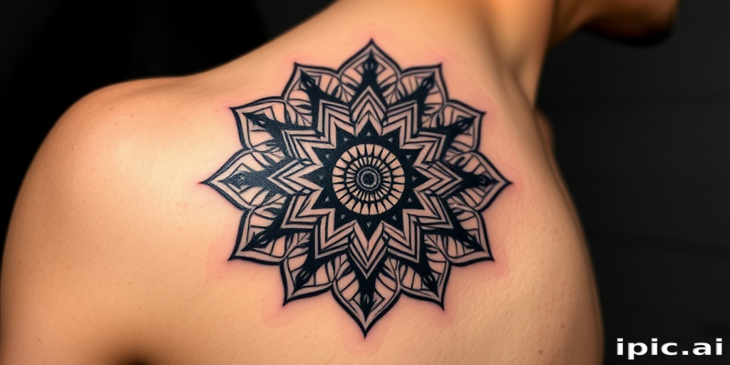 Geometric blackwork tattoo featuring an intricate mandala design on the shoulder blade, composed of bold shapes and intricate patterns, symmetrical and mesmerizing