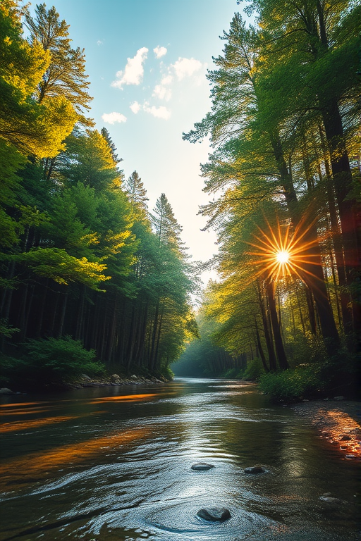 Create an image of a serene, sunlit forest scene with a clear, gently flowing river. Tall trees with lush green foliage line both sides of the river, their leaves bathed in the warm golden light of the setting or rising sun. The sunlight filters through the trees, casting soft, dappled light on the river, which flows over smooth rocks and pebbles, creating a peaceful, natural atmosphere. The sky is bright with a few scattered clouds, and the overall mood is tranquil, evoking a deep sense of connection with nature. The image captures the beauty of a calm, pristine forest landscape at either dawn or dusk.