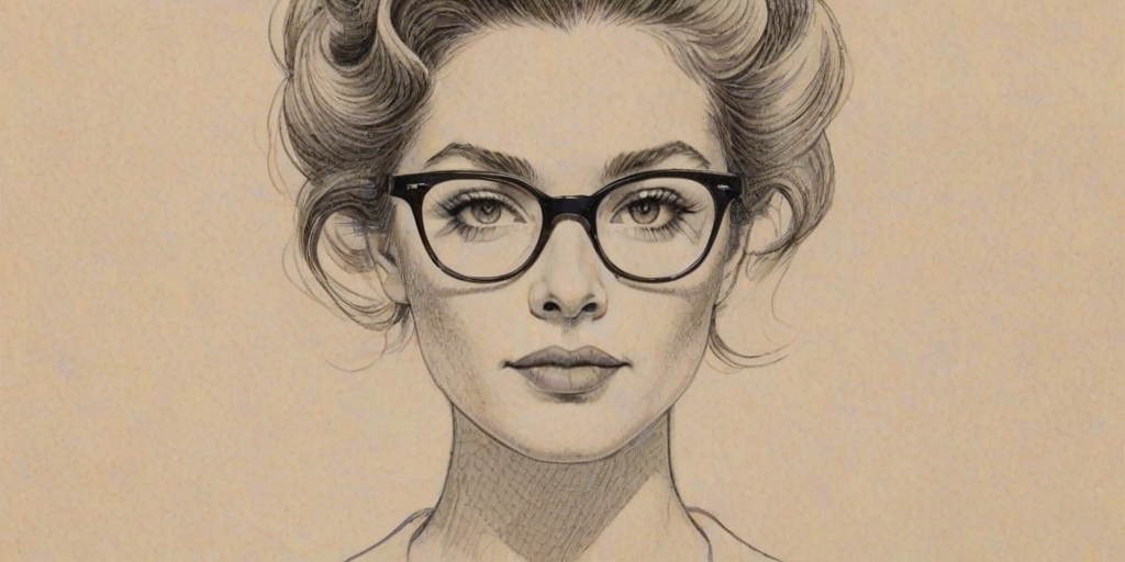 Wonderful Clara McGregor, pencil sketch, portrait of Graceful woman 1957s in glasses, hair style beatnik, outline, clear lines, fine lines, 8k