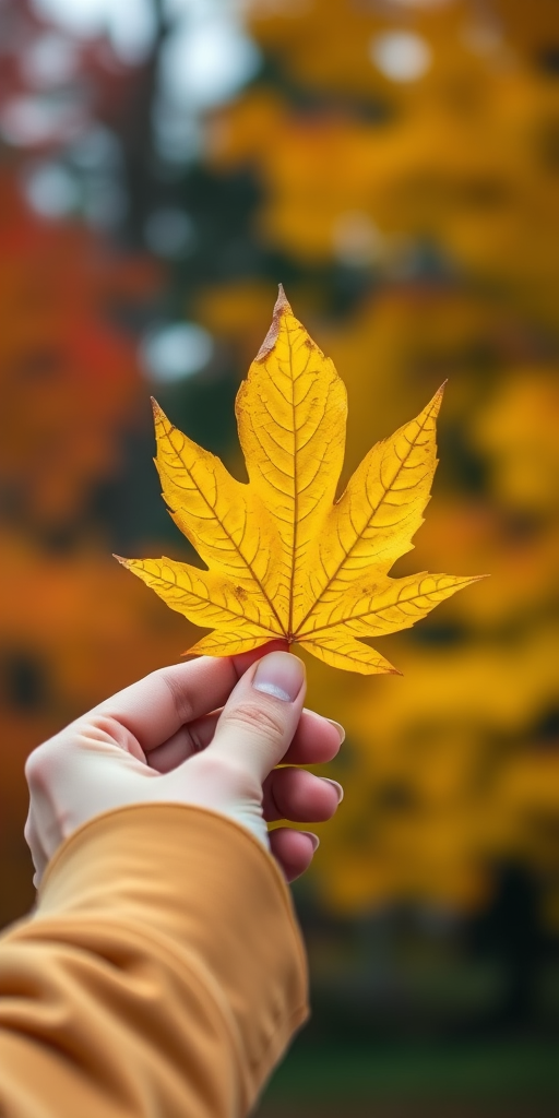 Capture a close-up of a person holding a vibrant yellow maple leaf against a blurred background of autumn foliage, using a DSLR camera with a 50mm f/1.8 lens, aperture set to f/2.8, ISO 200, and a shallow depth of field for a soft bokeh effect.