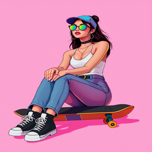 Create a vibrant digital illustration of a stylish female skateboarder sitting on a skateboard against a soft pink backdrop, captured with a wide-angle lens, f/2.8 aperture, ISO 100, 24mm focal length, emphasizing bright colors and smooth gradients for a modern look.