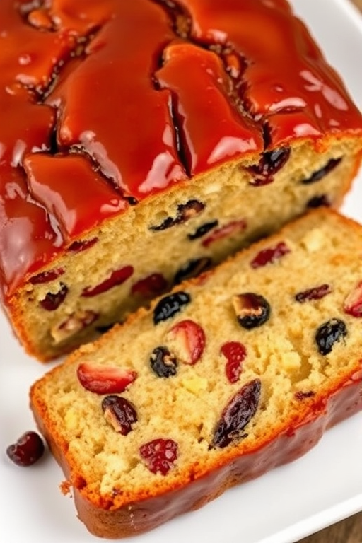 A beautifully glazed fruitcake with a moist texture and a rich assortment of dried fruits and nuts, displayed on a white plate with a slice cut out to reveal its colorful interior, featuring shiny glaze on top.
