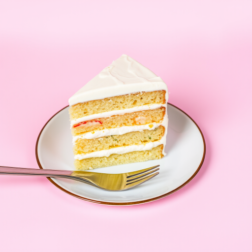 A slice of layered cake with cream filling and frosting on a plate with a fork beside it against a soft pink background.