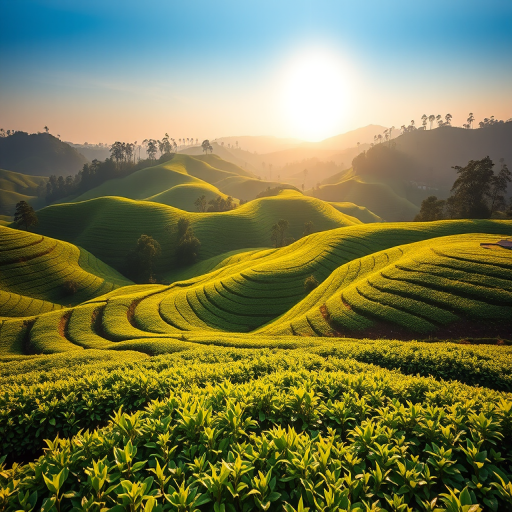 Generate a vibrant landscape of rolling green tea plantations under soft golden sunlight, highlighting the curves of the hills, shot with a Canon EOS R5 at f/8, ISO 100, 1/125 sec, in a wide-angle view to enhance depth, using a shallow depth of field for a dreamy effect.