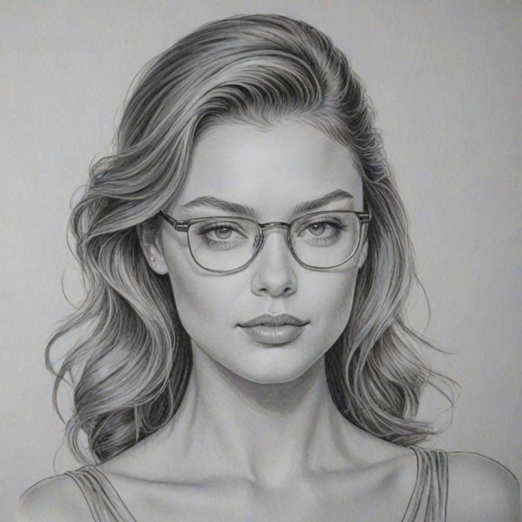 Resplendent Lili Simmons, pencil sketch, portrait of Alluring woman 1957s in glasses, hair style beatnik, outline, clear lines, fine lines, 8k