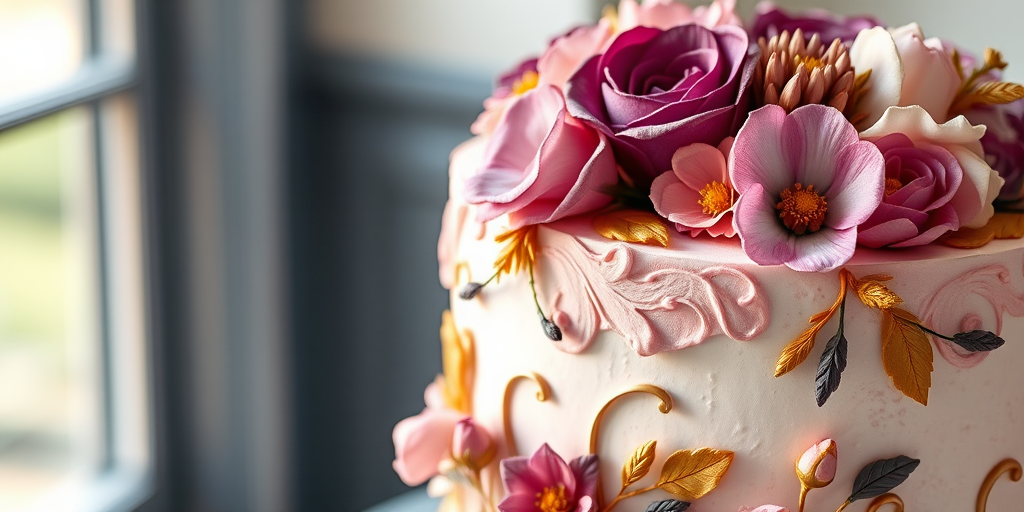 Create an elegantly decorated cake with intricate floral details in shades of purple, gold, and soft pink, captured with a Canon EOS R5, 50mm f/1.2 lens, aperture at f/2.8, ISO 100, in soft natural light from a window, with a shallow depth of field to highlight the textures and colors.