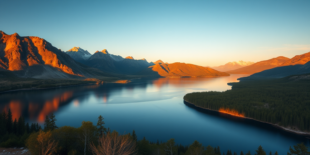 landscape view of a serene lake with mountains in the background during golden hour, captured with a Canon EOS R5, 24mm lens, f/8, ISO 100, shutter speed 1/125 sec, using a wide-angle perspective and soft focus to enhance depth and vibrancy
