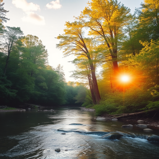 Create an image of a serene, sunlit forest scene with a clear, gently flowing river. Tall trees with lush green foliage line both sides of the river, their leaves bathed in the warm golden light of the setting or rising sun. The sunlight filters through the trees, casting soft, dappled light on the river, which flows over smooth rocks and pebbles, creating a peaceful, natural atmosphere. The sky is bright with a few scattered clouds, and the overall mood is tranquil, evoking a deep sense of connection with nature. The image captures the beauty of a calm, pristine forest landscape at either dawn or dusk.