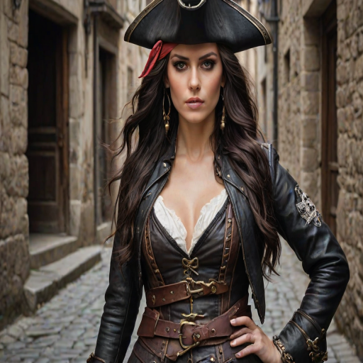 Create a portrait of a fierce female pirate. She wears a leather tricorn hat adorned with a skull and crossbones emblem, and her long, dark hair flows around her face. Her outfit consists of a richly detailed leather jacket, a corset, and multiple layers of belts and accessories, giving her a formidable and stylish appearance. She stands confidently in a dimly lit, historic port town, with a backdrop of weathered buildings and cobblestone streets, capturing the adventurous spirit of a pirate.