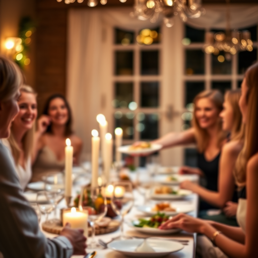 Blurry candid shot of a woman hosting a dinner party, gracefully serving food to guests, with a beautifully set table illuminated by soft candlelight and laughter echoing around.