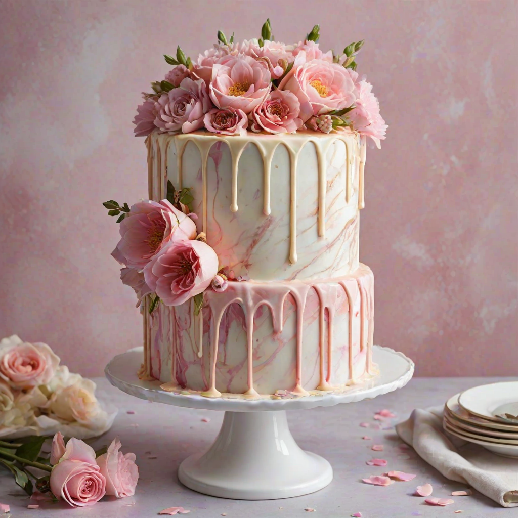 Create an elegant cake with smooth white frosting featuring a marbled effect of soft pink and cream. The cake should have a glossy white chocolate drip cascading down the sides. Adorn the top with fresh pink flowers and scattered flower petals around the base. Set the cake against a light, textured background with a soft, romantic atmosphere.