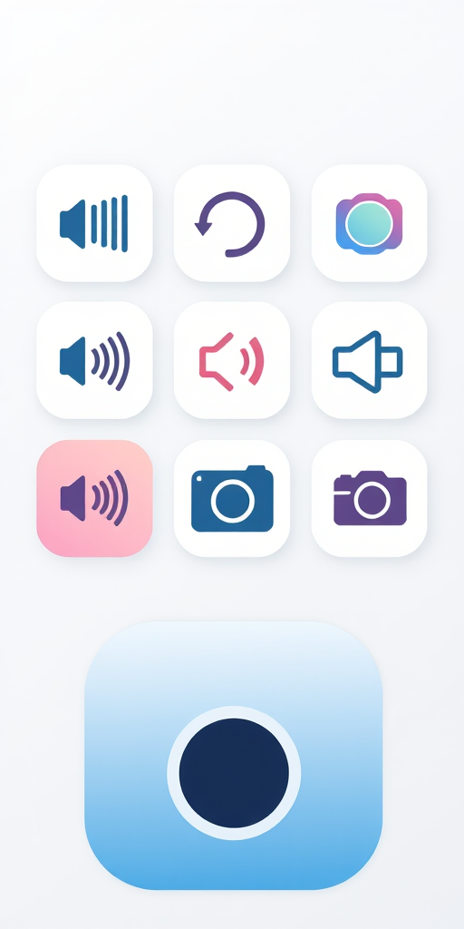 Create a high-resolution image of a 3x3 grid of app icons featuring sound and camera symbols with a clean, modern design using a soft color palette, shot with an aperture of f/8, ISO 100, 1/60 second shutter speed, on a DSLR camera with a 50mm lens from a straight-on view.