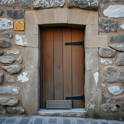 Regenerate an image of an ancient wooden door set in a weathered stone wall with peeling paint, focusing on textures and colors, using a DSLR camera, 50mm lens, aperture f/2.8, ISO 100, shallow depth of field, natural lighting, and taken from a straight-on perspective to enhance clarity and detail.