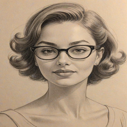 Wonderful Mya, pencil sketch, portrait of Radiant woman 1955s in glasses, hair style beatnik, outline, clear lines, fine lines, 8k