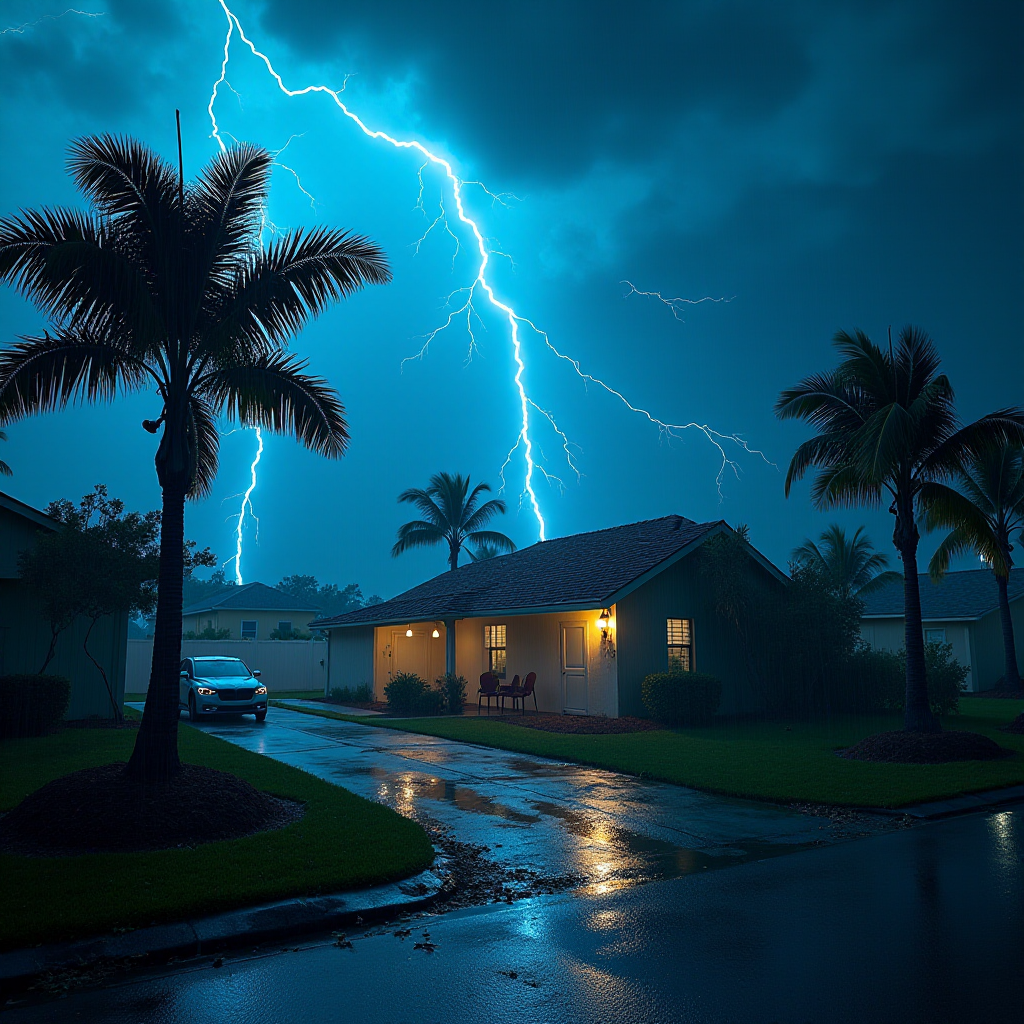 Hurricane Milton blows a roof off a home. Strong winds and rain blows sideways. Palm trees uprooted and bent over. Cars flying through the sky with debris. Sky is dark with thunder storms. Lightning strikes are fluorescent blue. Add text Hurricane Milton 2024