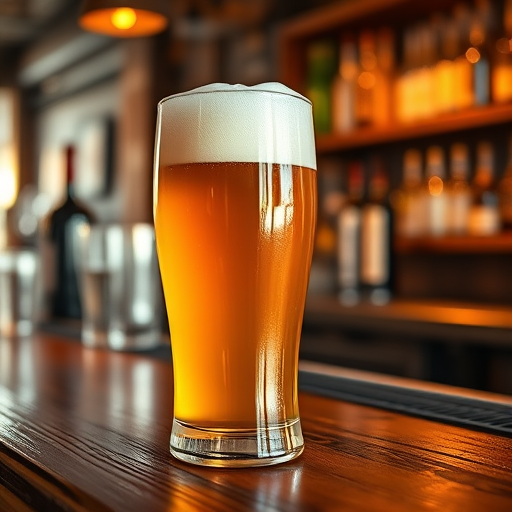 Close-up of a freshly poured pint of beer on a rustic wooden bar, soft golden light illuminating the frothy head, with bottles and glassware softly blurred in the background and a sense of warmth and relaxation.