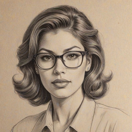 Attractive Eve Mendes, pencil sketch, portrait of Wonderful woman 1942s in glasses, hair style beatnik, outline, clear lines, fine lines, 8k