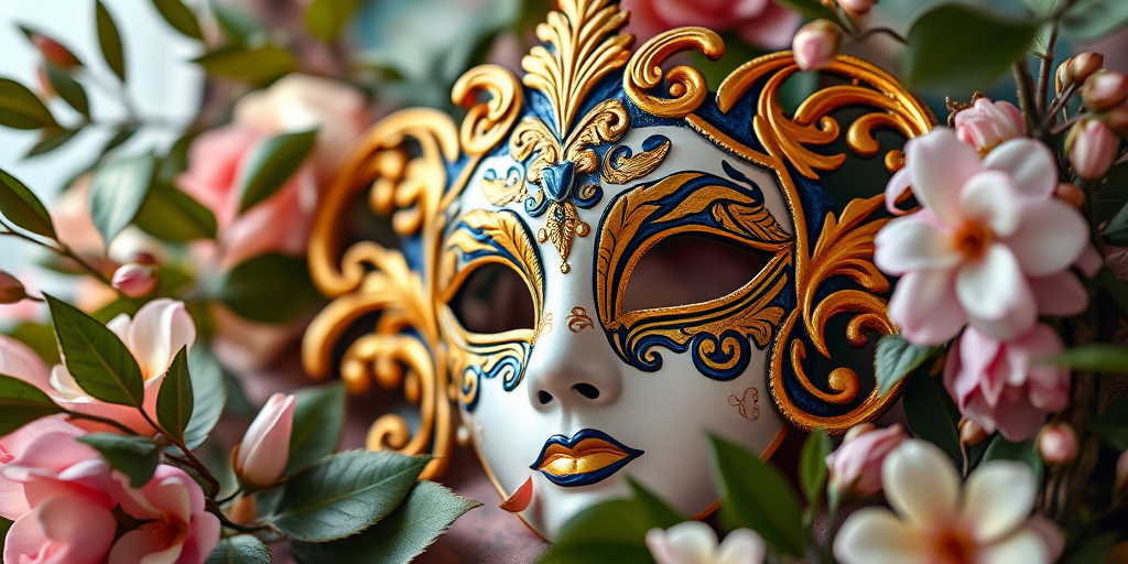 A beautifully detailed ornate masquerade mask with intricate golden and blue designs, surrounded by elegant leaves and flowers, shot in soft natural light, 50mm lens, f/2.8 aperture, ISO 100, shallow depth of field, high resolution image.