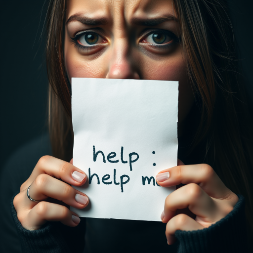 crying woman holding a note which says "help me"